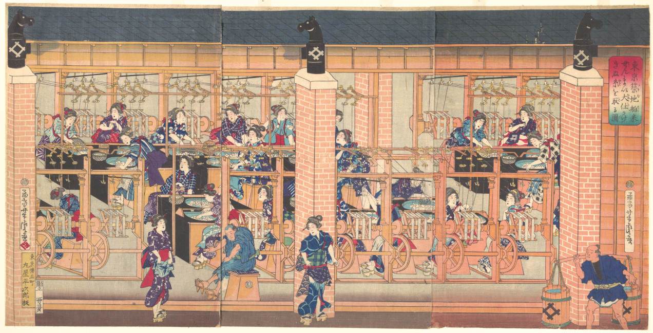 Utagawa Yoshitora Imported Silk Reeling Machine at Tsukiji in Tokyo (4th month 1872)